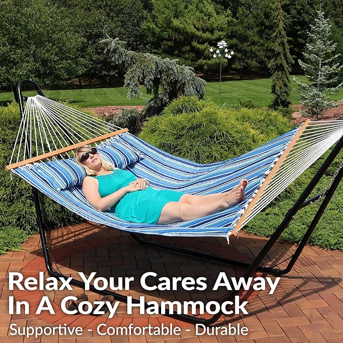 Sunnydaze Quilted Outdoor Hammock with Spreader Bars - Heavy-Duty 450-Pound Capacity Double Hammock for Outside - Breakwater Stripe