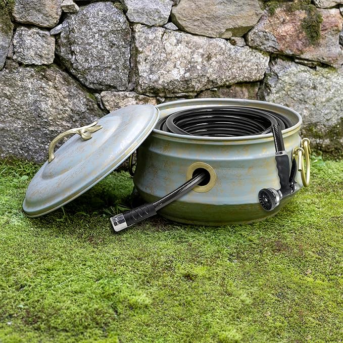 Sedona Hose Pot with Lid, Brass Accents, holds up to 100-Feet of Hose By Good Directions