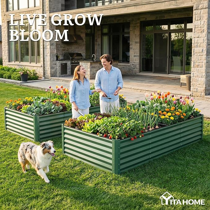 YITAHOME 8x4x1.5ft Large Raised Garden Bed Kit, Galvanized Metal Planter Box with Gloves, Ground Nails & Safety Rubber, Outdoor Above Ground Planters for Plants Vegetables Flowers, Green