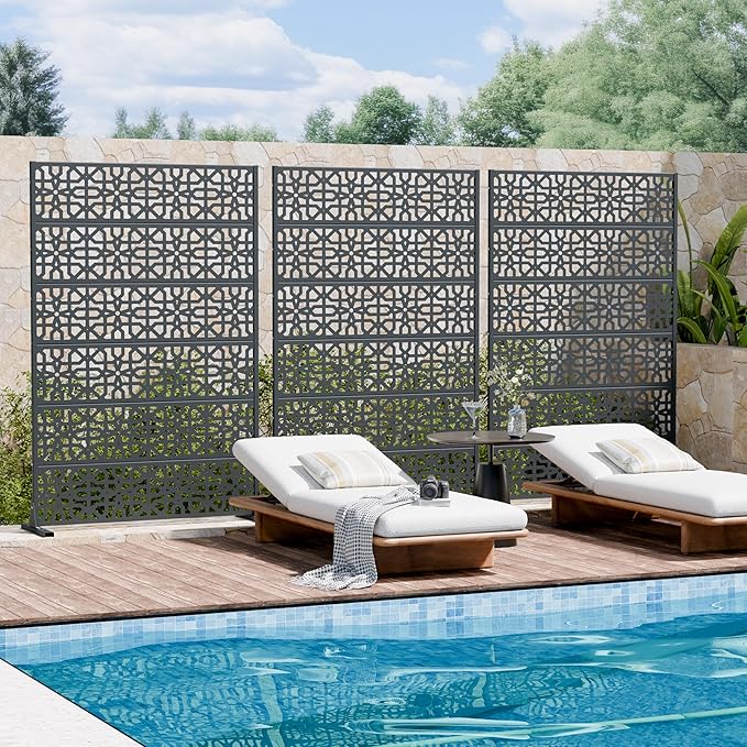 Casaphoria Metal Privacy Screen Outdoor, 72" H x 47" W Freestanding Decorative Privacy Screen for Patio Deck Balcony Garden with Stable Base, Drakgrey-Perilla