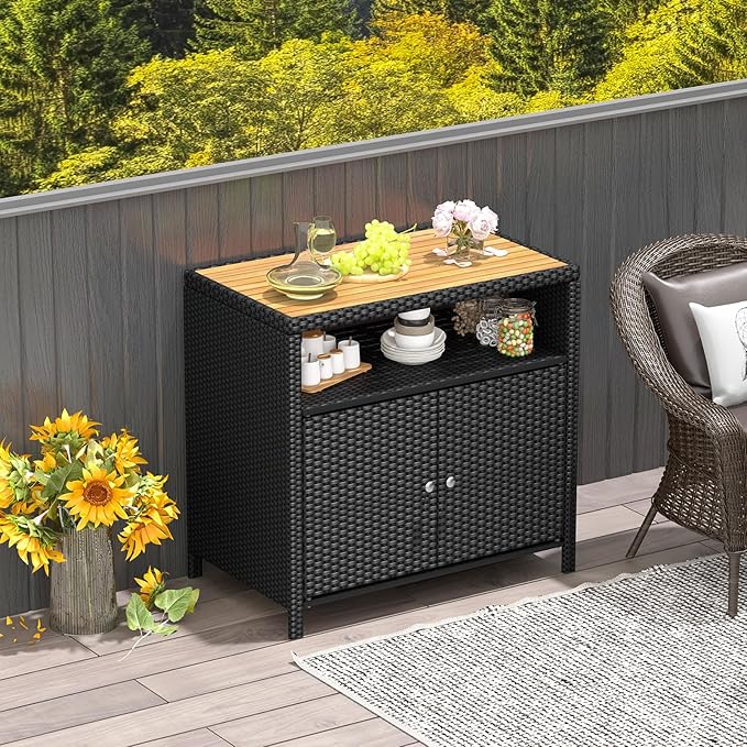 Tangkula Rattan Outdoor Storage Cabinet, Patiojoy Outdoor Cabinet with Acacia Wood Countertop, Open Compartment, 2-Door Wicker Sideboard, Outdoor Bar for Patio Garden Backyard Poolside (Black)