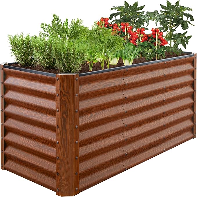 Best Choice Products 4x2x2ft Outdoor Metal Raised Garden Bed, Deep Root Box Planter for Vegetables, Flowers, Herbs, 119 Gallon Capacity, 100% Non Toxic Materials - Wood Grain