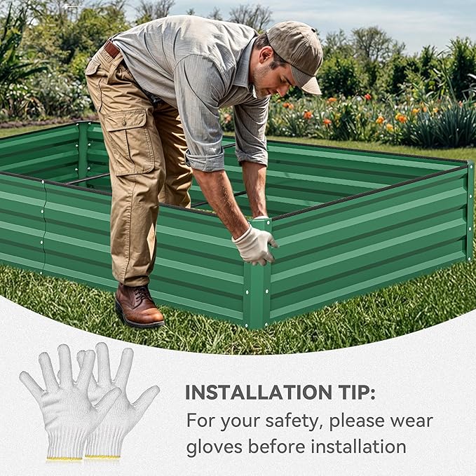 YITAHOME 96x48x12 in 2pcs Galvanized Raised Garden Bed Kit, Large Metal Planter Box with Gloves, Safety Rubber & Support Rod, Outdoor Flower Bed for Plants Vegetables, Green