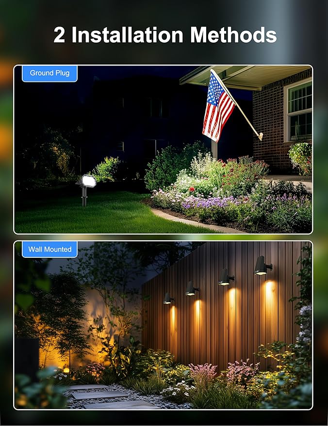 Brightown 4Pack Solar Spot Lights Outdoor [Cool & Warm Light 2-in-1], IP67 Solar Lights Outdoor Waterproof with 1800mAh, Two Mounting Methods Outdoor Solar Lights for Yard, Garden and Pathway