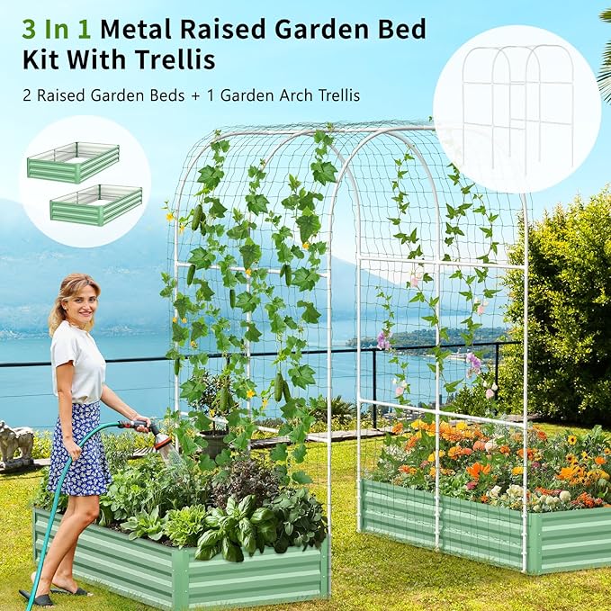 DoCred 3 in 1 Raised Garden Bed with 87in Tall Arch Trellis for Climbing Plants, Galvanized Planter Garden Box Outdoor for Gardening, Climbing Vegetables, Flower, Green