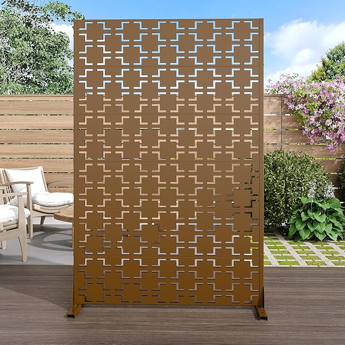 Casaphoria Metal Privacy Screen Outdoor, 72" H x 47" W Freestanding Decorative Privacy Screen for Patio Deck Balcony Garden with Stable Base, Brown-Square