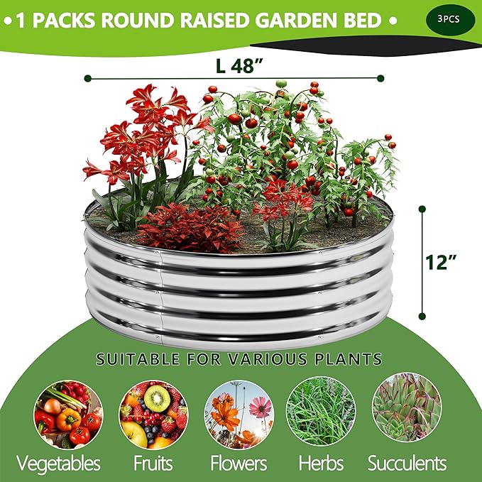 3PCS 4x4x1FT Galvanized Raised Garden Bed Kit,Vegetable Boxes-Round Metal Flower Box,Large Planter Raised Beds Outdoor Garden for Planting,Fruit,Herb-Silver