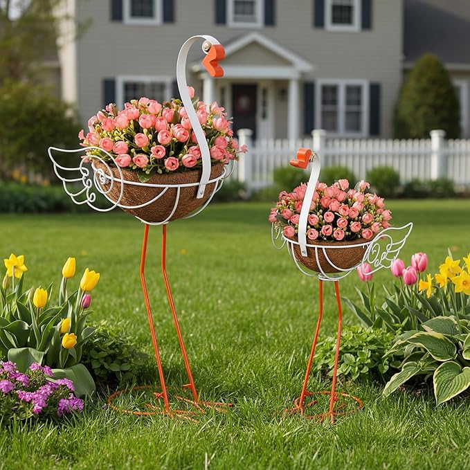 Set of 2 White Goose Outdoor Planters with Basket Larger Sizes 29 26.5 Metal Goose Planters for Spring Party Gifts Indoor Flowers Lawn Patio Garden Yard Porch Decor