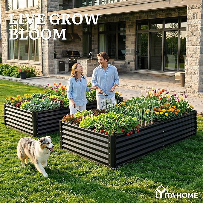 YITAHOME 8x4x1.5ft 2pcs Large Raised Garden Bed Kit, Galvanized Metal Planter Box with Gloves, Ground Nails & Safety Rubber, Outdoor Above Ground Planters for Plants Vegetables Flowers, Black
