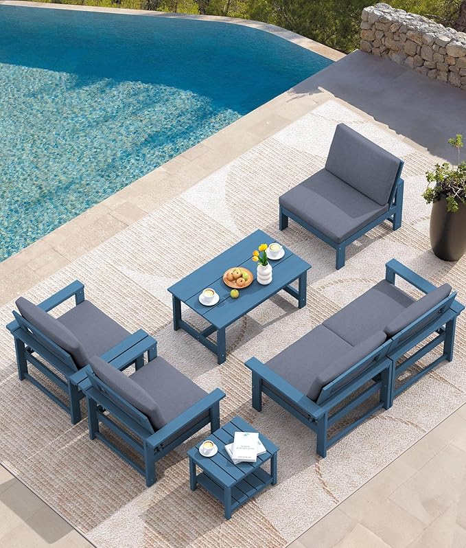 SERWALL HDPE Patio Furniture Set, 7-piece Outdoor Sectional Sofa Set, All Weather Outdoor Couch Set for Deck, Lawn, Blue Frame with Grey Cushion