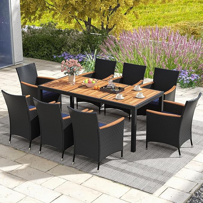 Tangkula 9 Pieces Rattan Outdoor Dining Set for 8, Outdoor Acacia Wood Table Set with 8 Cushioned Wicker Chairs, Umbrella Hole, Patio Dining Furniture Set for Deck Pool Backyard