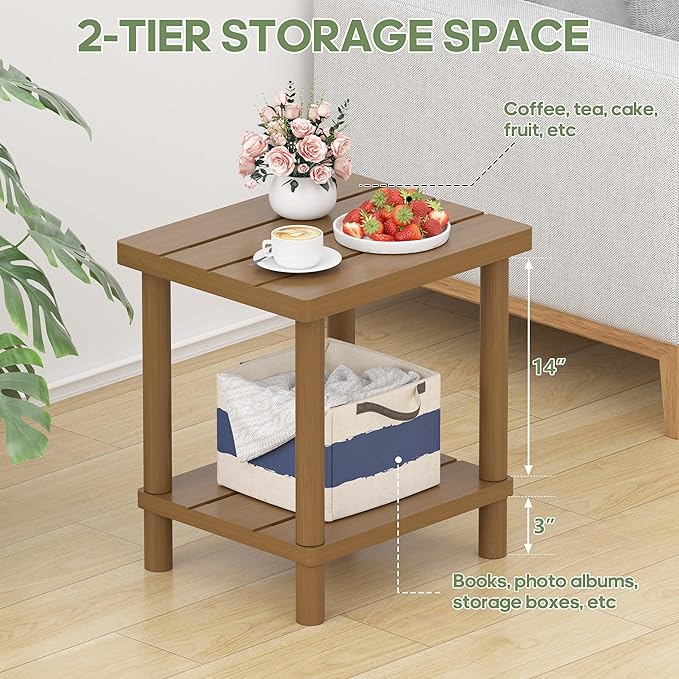 Outdoor Side Table, 2-Tier Small Outdoor Table for Patio, Adirondack Side Tables for Outside or Indoor, Bamboo End Table for Pool, Porch, Weather Resistant Easy Maintenance,Brown