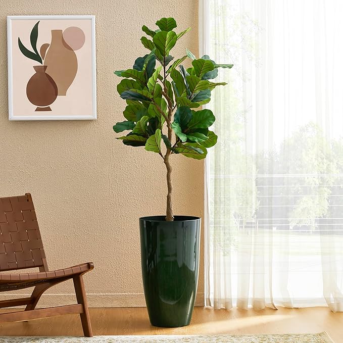 Glitzhome 23.5" H Large Tall Planter for Outdoor Plants,Set of 2 Plastic Tall Planters with Drainage Holes,Round Tapered Faux Ceramic Gradient Green Flower Tree Pots for Porch Patio Indoor Outdoor