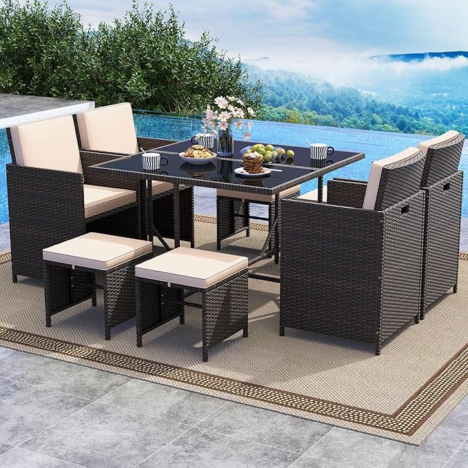 Tangkula 9 Piece Patio Dining Set, Rattan Chairs with Tempered Glass Table & Ottoman, Space Saving Wicker Sectional Conversation Set with Removable Cushions, Outdoor Furniture for Backyard Garden Deck