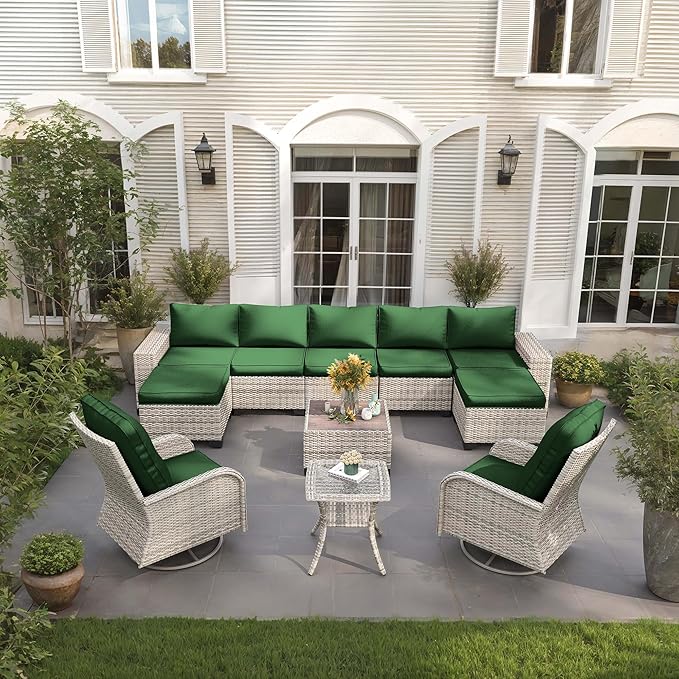 11-Piece Outdoor Patio Furniture Set with Rocking Swivel Chair Wicker Sectional Sofa Set, Patio Conversation Set with Ottomans & Coffee Table for Garden, Backyard, Poolside, Green