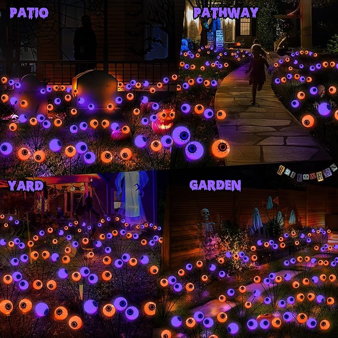 BrizLabs 6 Pack 36 LED Halloween Solar Eyeball Lights, 2 Modes Outdoor Halloween Pathway Lights, Solar Spooky Path Light Waterproof, Swaying Firefly Lighting for Yard Garden Lawn, Orange & Purple