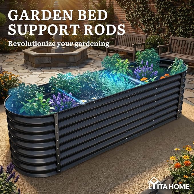 YITAHOME 24" Tall 9 in 1 Raised Garden Bed Kit,96x24 in Large Galvanized Metal Planter Box with Gloves, Safety Rubber & Support Rod, Outdoor Flower Bed for Plants Vegetables Flowers, Black
