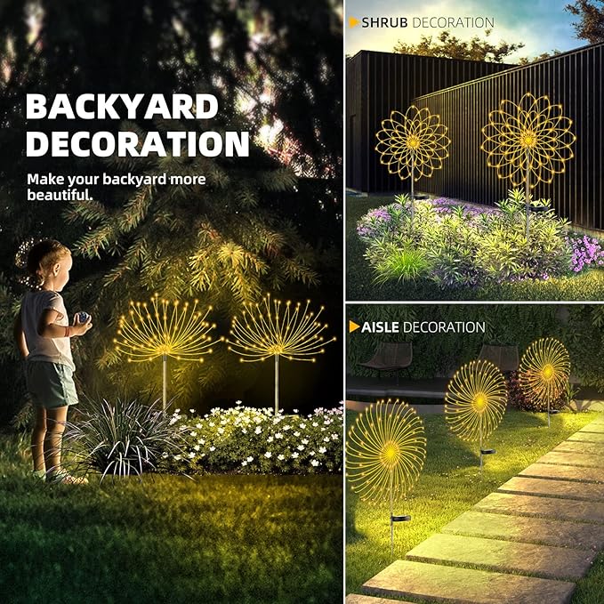 2 PCS Solar Firework Light, Outdoor Solar Garden Decorative Lights 120 LED Powered 40 Copper Wires String DIY Landscape Light for Walkway Pathway Backyard Christmas Decoration Parties (Warm White)