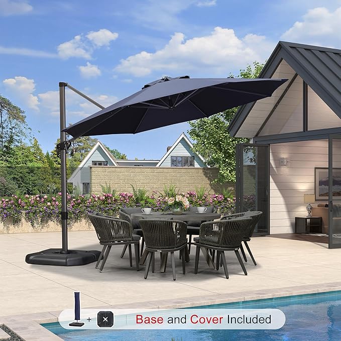 PURPLE LEAF 11 Feet Patio Umbrella with Base and Cover Round Outdoor Cantilever Umbrella Aluminum Offset Umbrella with 360-degree Rotation for Garden Deck Pool Patio Navy Blue