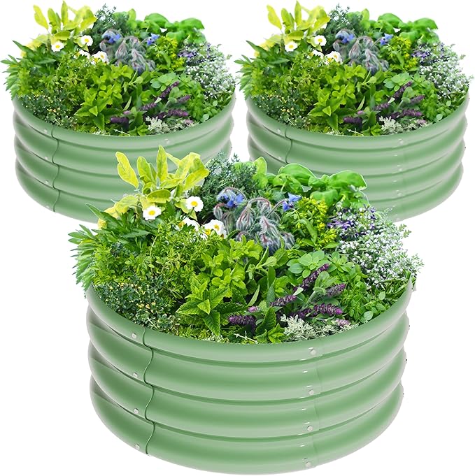 3Pcs 2X2X1ft Round Raised Garden Bed Kit,Galvanized Raised Garden Beds Outdoor, Metal Planter Box Steel Kit Flower Herb,Vegetables..Grass Green