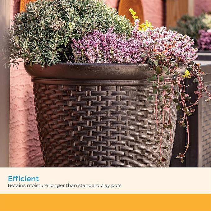 Suncast Sonora 22 Inch Plastic Wicker Indoor or Outdoor Decorative Garden Flower Planter for Entryways, Porch, and Backyard Patios, Dark Brown