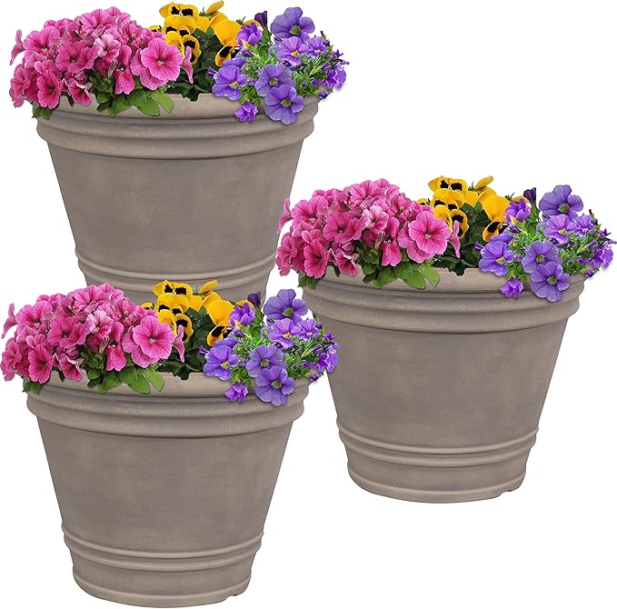 Sunnydaze 20-Inch Franklin Large Plant Pot - Polyresin Round Outdoor Planter with Drillable Drainage Hole - 3 Pack - Beige