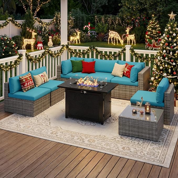 Wisteria Lane 8 Pieces Outdoor Patio Furniture Set with 43" Fire Pit Table, Wicker Outdoor Patio Sectional Sofas with Coffee Table, All-Weather Patio Conversation Set for Backyard Garden, Light Blue