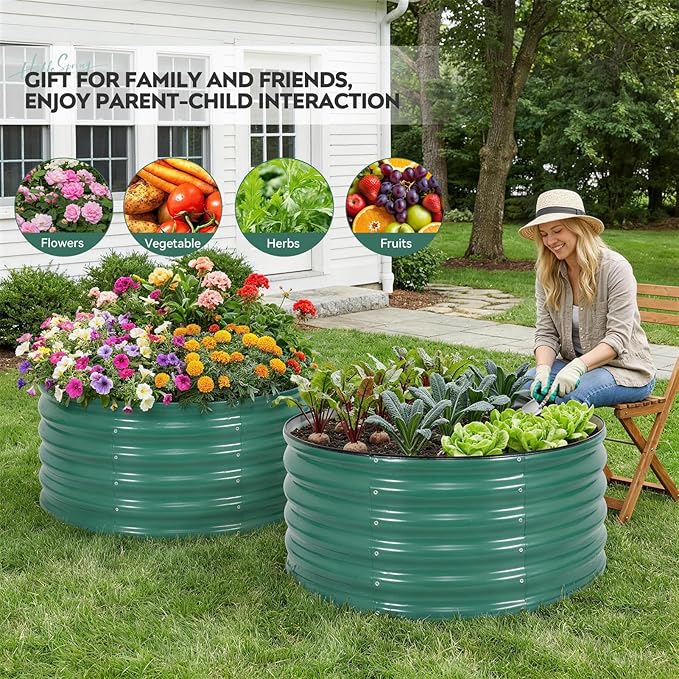 ZORMY Galvanized Raised Garden Bed Outdoor, Round Metal Planter Boxes 2 Pcs, 3x3x1.4ft Steel Raised Bed Kit for Planting Vegetables, Fruits, Flowers(LotusGreen)