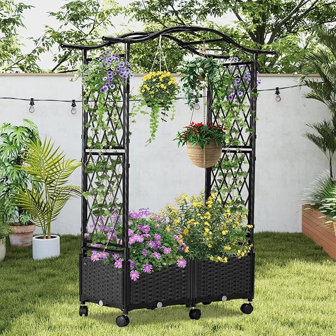 Planter Box with Trellis Outdoor, Plastic Raised Garden Bed Trellis Planter Box with Wheels and Drainage Hole for Patio Balcony Backyard Indoor Flower Vegetable Tomato, Black