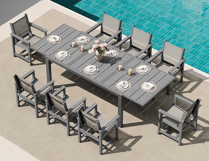 SERWALL 9-Piece Outdoor Dining Set, 60" - 83" Expandable Patio Dining Table with 6 Breathable Textilene Chairs, All Weather HDPE Patio Furniture Set for Backyard, Garden, Grey