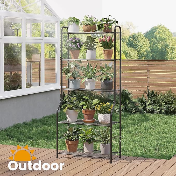 5-Tier Corner Plant Stand, Metal Black Flower Pot Rack, Indoor Outdoor Heavy Duty Shelf (Black, 5 Tier)