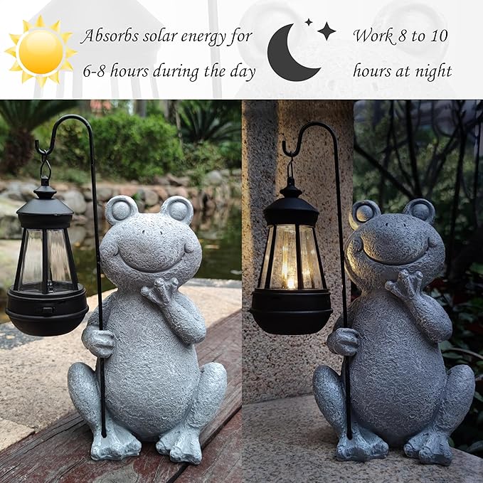 Frog Solar Garden Statues,Resin Frog Figurine Decorations with Solar Lights Lantern, Outdoor Figurines Lawn Garden Statue Decor Art for Lawn,Yard,Balcony Ornament,Gift for Home Mom.