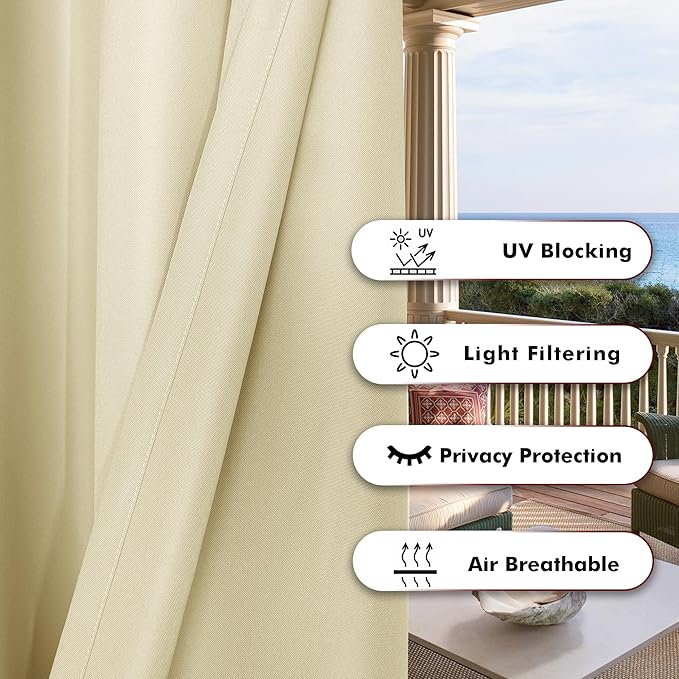 BONZER Outdoor Waterproof Curtains for Patio Wide Grommet Light Filtering Outside Curtains for Gazebo, Porch, Pergola, Pavilion, 1 Panel, 110W x 84L inch, Cream