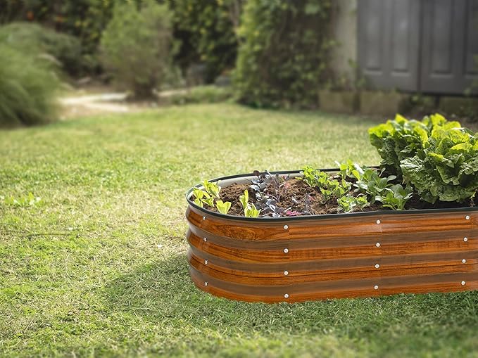 Plant & Plot Galvanized Raised Garden Beds Outdoor // 4×2×1 ft Planter Raised Beds for Gardening, Vegetables, Flowers // Large Metal Garden Box (Dark Wood Grain)