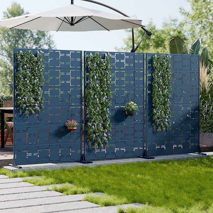 Casaphoria Metal Privacy Screen Outdoor, 72" H x 47" W Freestanding Decorative Privacy Screen for Patio Deck Balcony Garden with Stable Base, Blue-Square