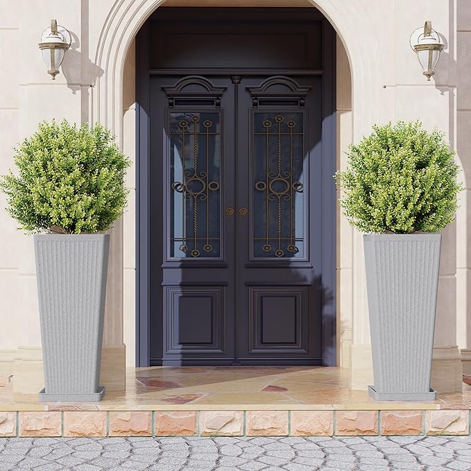 Tall Planters for Outdoor Plants Set of 2, 23.6" Large Taper Flower Plant Pots with Drainage Hole and Drainage Trays, Weather-Resistant Plastic planters for Patio, Porch, Garden, Grey