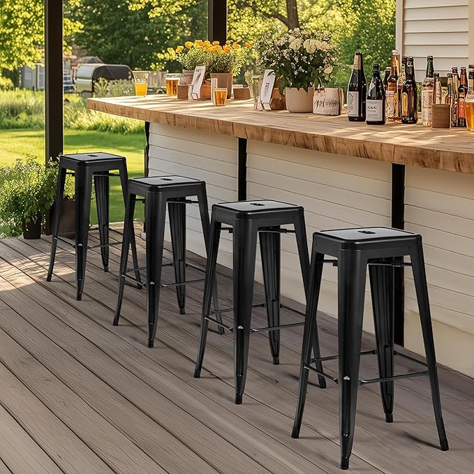 Yaheetech 30 Inch Metal Bar Stools Set of 4, Bar Height Backless Bartools, Industrial Stackable Bar Chairs with Footrest for Kitchen/Dining Room/Bistro/Patio, Black