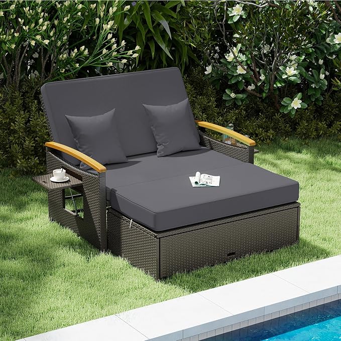 Tangkula Patio Rattan Daybed with 4-Level Adjustable Backrest, Outdoor Wicker Loveseat with Acacia Wood Armrest, Storage Ottoman & Folding Tray, Double Sunbed for Lawn Yard & Poolside, Grey & Brown