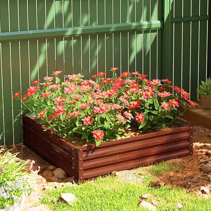 Outsunny Galvanized Raised Garden Bed, 4' x 4' x 1' Metal Planter Box, for Growing Vegetables, Flowers, Herbs, Succulents, Natural Wood