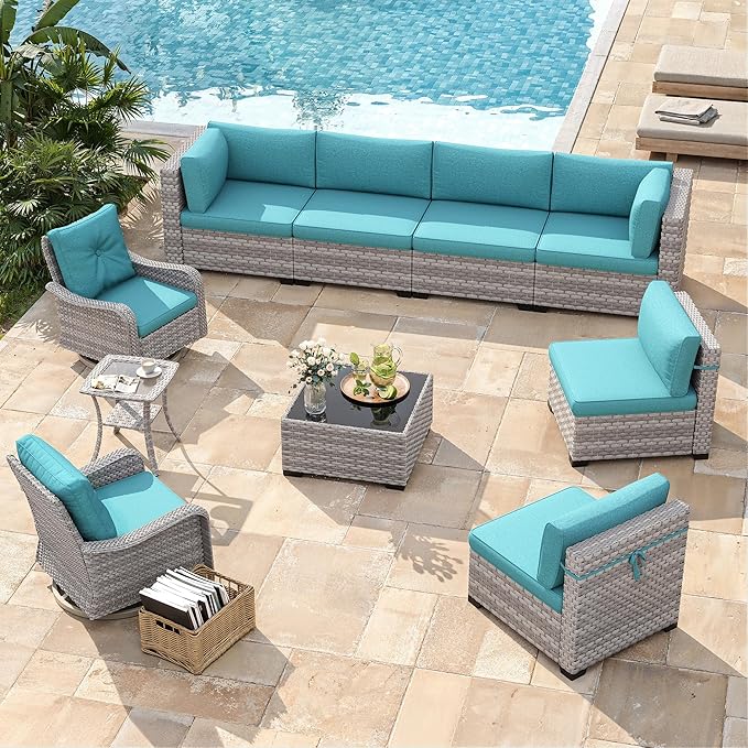 8-Seat Modern Patio Furniture Set with Swivel Rocking Chairs, Thick 4″ Cushions, Dual-Strand Wicker Rattan, Rust-Resistant Steel Frame – Outdoor Conversation & Modular Sectional,Blue
