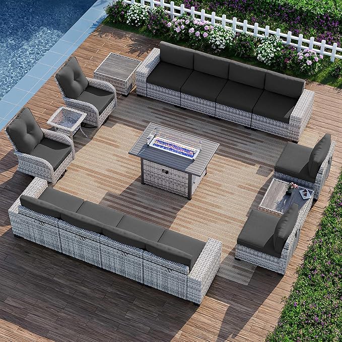 16-Piece Outdoor Patio Furniture Set with Rocking Swivel Chair, PE Wicker Rattan Sectional Sofa Patio Conversation Set with 55,000 BTU Fire Pit Table & Coffee Table, Dark Grey