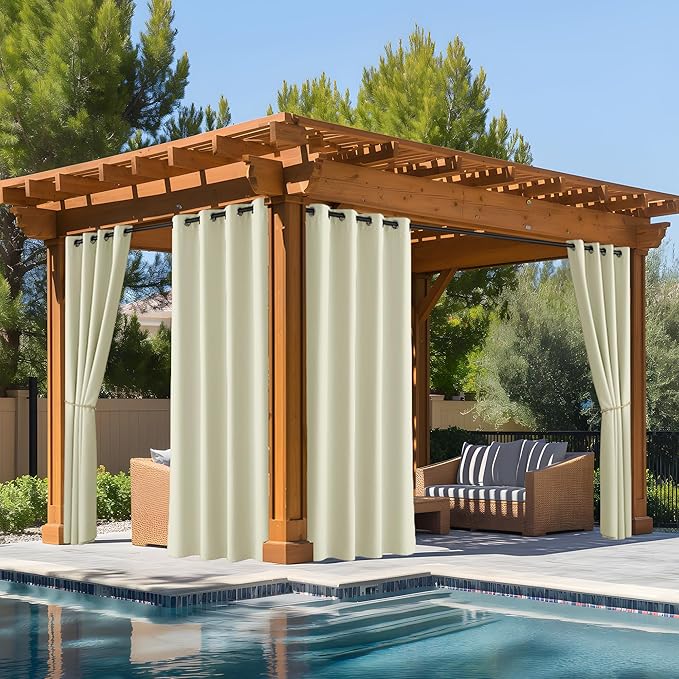NICETOWN Fade Resistant Patio Curtains Outdoor Waterproof, Fade-Proof Curtains Grade 4 Color Fastness Certified, Thermal Insulated Privacy Sun Shades for Deck, W52 x L72, Light Beige, 2 Panels