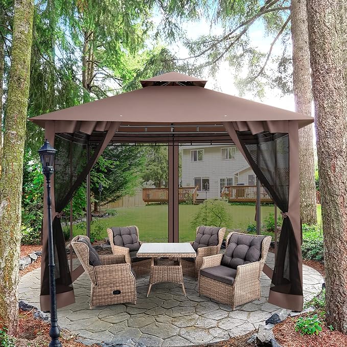 COBIZI Gazebo 10x10 Heavy Duty Gazebos with Improved Nettings Outdoor Gazebo Double Roof Patio Gazebos with Metal Steel Frame Outdoor Canopy for Patio, Deck, Backyard-Brown
