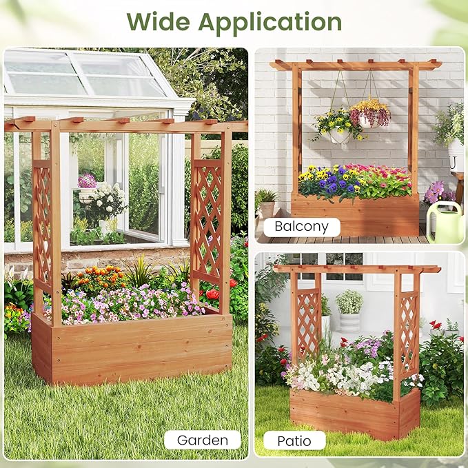 Giantex Set of 2 Raised Garden Bed with 2-Sided Trellis & Hanging Roof, Fir Wood Planter Box w/Drainage Holes, Freestanding Garden Planter for Flowers Herbs Climbing Vines (43"x15"x45")