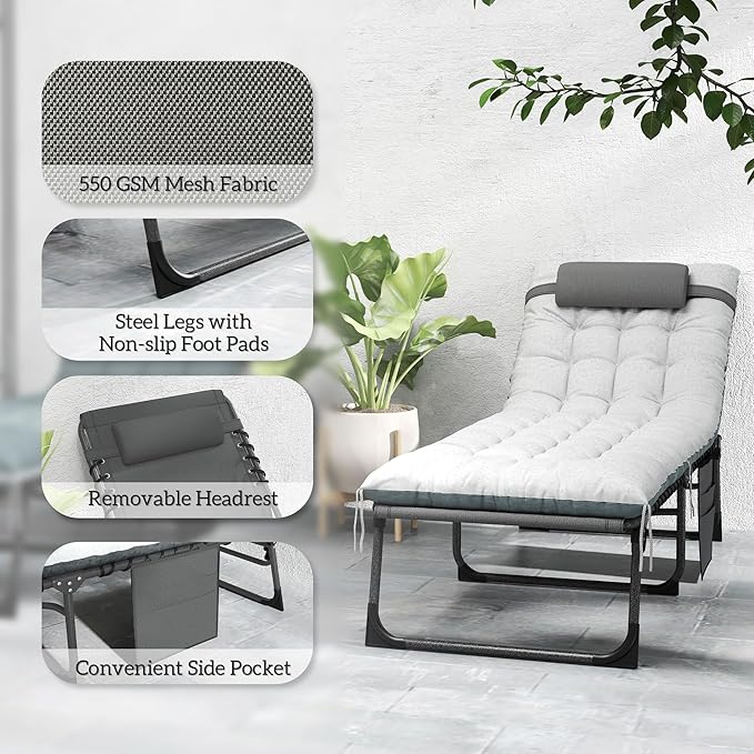 Outsunny Chaise Lounge Chair Outdoor Set of 2, 5-Position Adjustable Outdoor Pool Lounge Chairs, Folding Tanning Chair Beach Lounger with Cushion, Headrest, Side Pocket for Patio, Yard, Gray