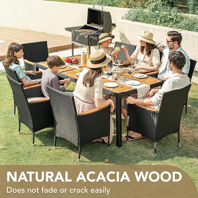 Devoko Outdoor Patio Dining Sets 9 Pieces Wicker Outdoor Dining Table and Chairs Set with Acacia Wood Table Top and Widened Armrests for Backyard, Garden, Deck (Black)