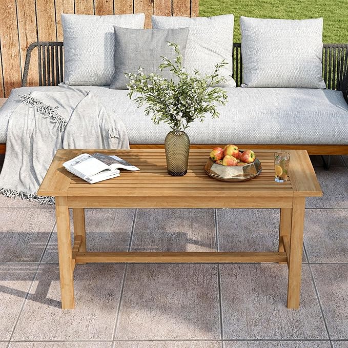 Tangkula 36” Patio Coffee Table, Solid Wood Coffee Table with Slatted Tabletop, Outdoor Rectangular Side Table, Solid Teak Wood Cocktail Tea Table, Home Accent Table for Poolside, Backyard, Garden