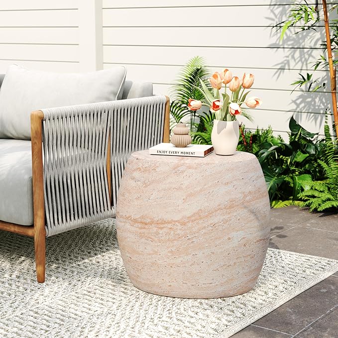 Christopher Knight Home Jayme 20.25" Indoor Outdoor Oval Accent Side Table, Patio Decorative End Table, Lightweight Concrete Garden Stool for Patio Living Room Balcony & Garden Decor, Travertine