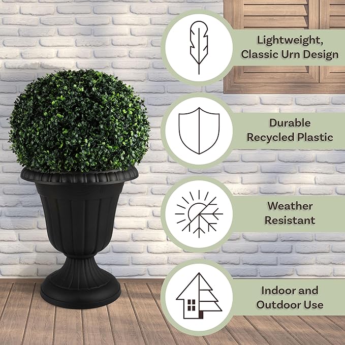 Outdoor Planter 2-Pack - 16x18-Inch Urn Planters - Plastic Plant Pots for Indoor, Outdoor, or Front Porch Decor - Flower Pots by Pure Garden (Black)