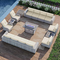 16-Piece Outdoor Patio Furniture Set with Rocking Swivel Chair, PE Wicker Rattan Sectional Sofa Patio Conversation Set with 55,000 BTU Fire Pit Table & Coffee Table, White